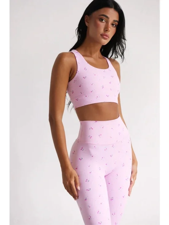 Pink Cherry Patterned Active Set - Sports Bra & High Waist Shorts - Picture 1 of 5